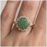 Carved Jade Flower Ring with Scalloped Cubic Zirconia Halo in Two-Tone Gold - Image 5