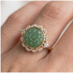 Carved Jade Flower Ring with Scalloped Cubic Zirconia Halo in Two-Tone Gold - Image 8