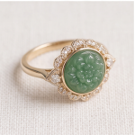 Carved Jade Flower Ring with Scalloped Cubic Zirconia Halo in Two-Tone Gold