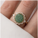 Carved Jade Flower Ring with Scalloped Cubic Zirconia Halo in Two-Tone Gold - Image 2