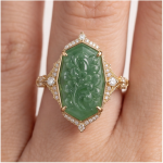 Elongated Hexagon Carved Green Jade Statement Ring in Gold-Plated Sterling Silver - Image 2