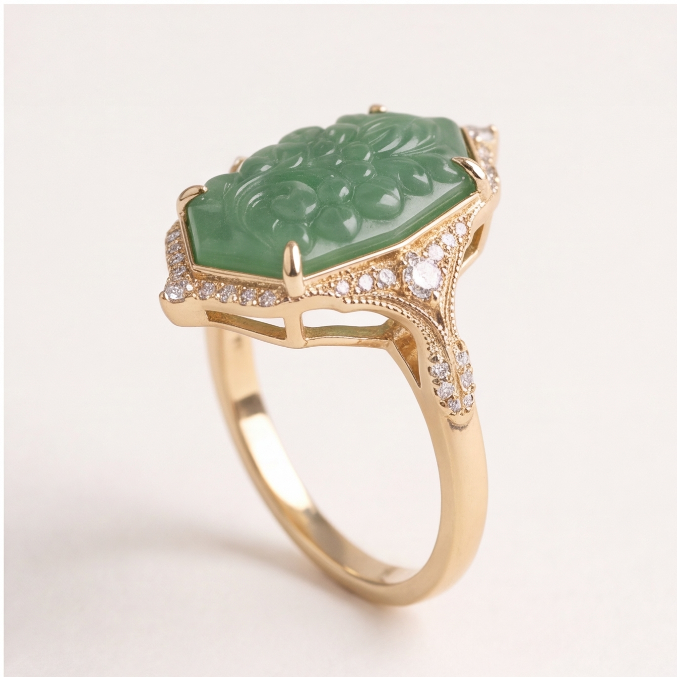 1786352143_114cf6de-9 Elongated Hexagon Carved Green Jade Statement Ring in Gold-Plated Sterling Silver - Image 1