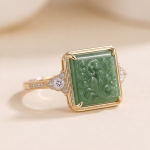 Square Carved Green Jade Ring with Trillion Accents in Gold-Plated Sterling Silver
