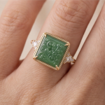 Square Carved Green Jade Ring with Trillion Accents in Gold-Plated Sterling Silver - Image 5