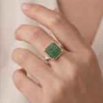 Square Carved Green Jade Ring with Trillion Accents in Gold-Plated Sterling Silver - Image 2