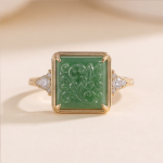 Square Carved Green Jade Ring with Trillion Accents in Gold-Plated Sterling Silver - Image 3