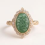 Oval Carved Green Jade Halo Ring in Gold-Plated Sterling Silver - Image 7