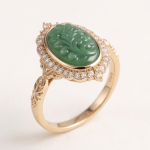 Oval Carved Green Jade Halo Ring in Gold-Plated Sterling Silver