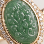 Oval Carved Green Jade Halo Ring in Gold-Plated Sterling Silver - Image 6