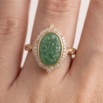 Oval Carved Green Jade Halo Ring in Gold-Plated Sterling Silver - Image 2