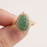 Oval Carved Green Jade Halo Ring in Gold-Plated Sterling Silver - Image 8