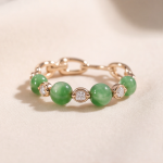 Green Jade Bead and Cubic Zirconia Chain-Link Eternity Band in Gold-Plated Brass