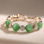 Green Jade Bead and Cubic Zirconia Chain-Link Eternity Band in Gold-Plated Brass - Image 3