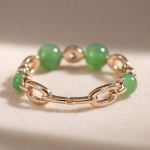 Green Jade Bead and Cubic Zirconia Chain-Link Eternity Band in Gold-Plated Brass - Image 4