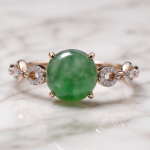 Round Green Jade Cabochon Ring with Open Scroll Shoulders in Rose Gold Plate - Image 6