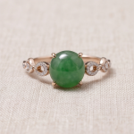 Round Green Jade Cabochon Ring with Open Scroll Shoulders in Rose Gold Plate - Image 3