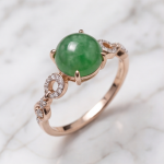 Round Green Jade Cabochon Ring with Open Scroll Shoulders in Rose Gold Plate