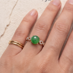 Round Green Jade Cabochon Ring with Open Scroll Shoulders in Rose Gold Plate - Image 2