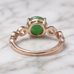 Round Green Jade Cabochon Ring with Open Scroll Shoulders in Rose Gold Plate - Image 4