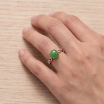 Round Green Jade Cabochon Ring with Open Scroll Shoulders in Rose Gold Plate - Image 5