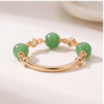 Slim Green Jade Bead Ring with Beaded Gold Rondelles in Gold-Plated Brass - Image 4