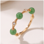 Slim Green Jade Bead Ring with Beaded Gold Rondelles in Gold-Plated Brass