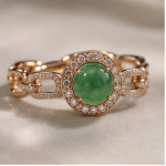 Green Jade Cabochon Halo Ring with Chain-Link Band in Rose Gold Plate - Image 3