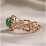 Green Jade Cabochon Halo Ring with Chain-Link Band in Rose Gold Plate - Image 4