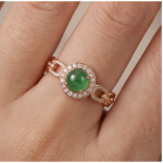 Green Jade Cabochon Halo Ring with Chain-Link Band in Rose Gold Plate - Image 2