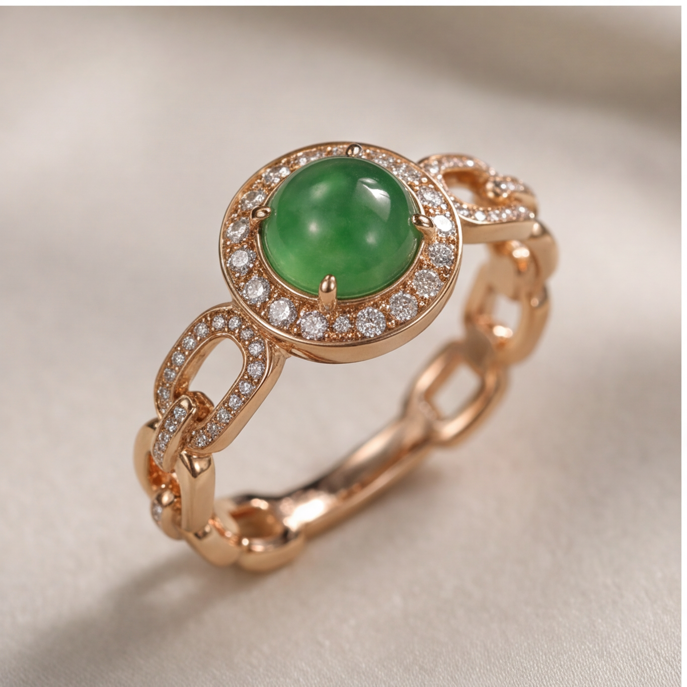1786352371_5124ce3f-7 Green Jade Cabochon Halo Ring with Chain-Link Band in Rose Gold Plate - Image 1