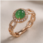 Green Jade Cabochon Halo Ring with Chain-Link Band in Rose Gold Plate - Image 9