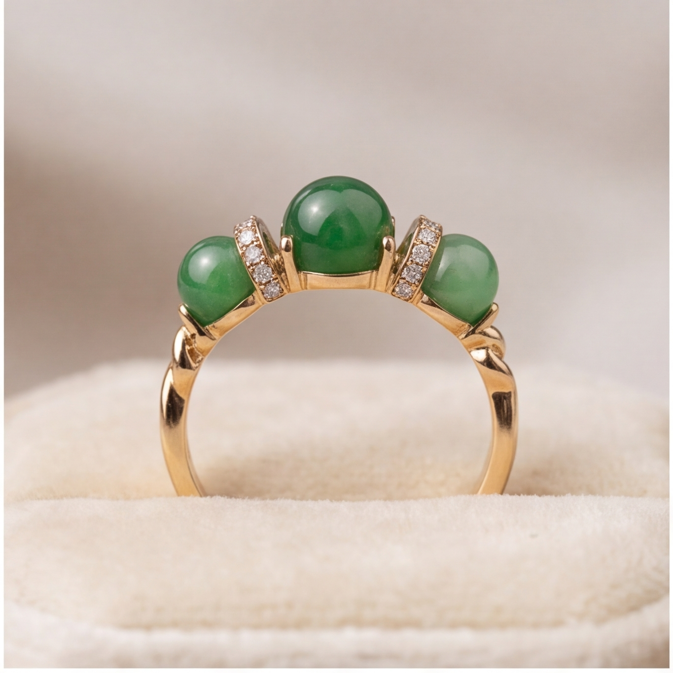 1786352396_b3315ed0-2 Three-Stone Green Jade Bead Ring with Cubic Zirconia Rondelles in Gold-Plated Sterling Silver - Image 1