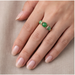 Three-Stone Green Jade Bead Ring with Cubic Zirconia Rondelles in Gold-Plated Sterling Silver - Image 8