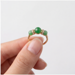 Three-Stone Green Jade Bead Ring with Cubic Zirconia Rondelles in Gold-Plated Sterling Silver - Image 2