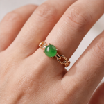 Solitaire Green Jade Cabochon Cable-Link Ring in Rose Gold Plate - Image 2