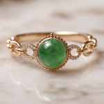 Green Jade Cabochon Ring with Beaded Bezel and Open Link Shoulders in Rose Gold Plate - Image 6