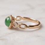 Green Jade Cabochon Ring with Beaded Bezel and Open Link Shoulders in Rose Gold Plate - Image 7