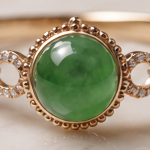 Green Jade Cabochon Ring with Beaded Bezel and Open Link Shoulders in Rose Gold Plate - Image 3