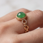 Green Jade Cabochon Ring with Beaded Bezel and Open Link Shoulders in Rose Gold Plate - Image 8