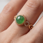 Green Jade Cabochon Ring with Beaded Bezel and Open Link Shoulders in Rose Gold Plate - Image 5