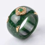 Carved Deep Green Jade Band Ring with Gold Floral Medallion