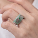 Pale Green Jade Band Ring with Silver Filigree Plaques - 图片 5