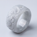 Carved Dragon Wide Band Ring in Pale Grey-White Jade