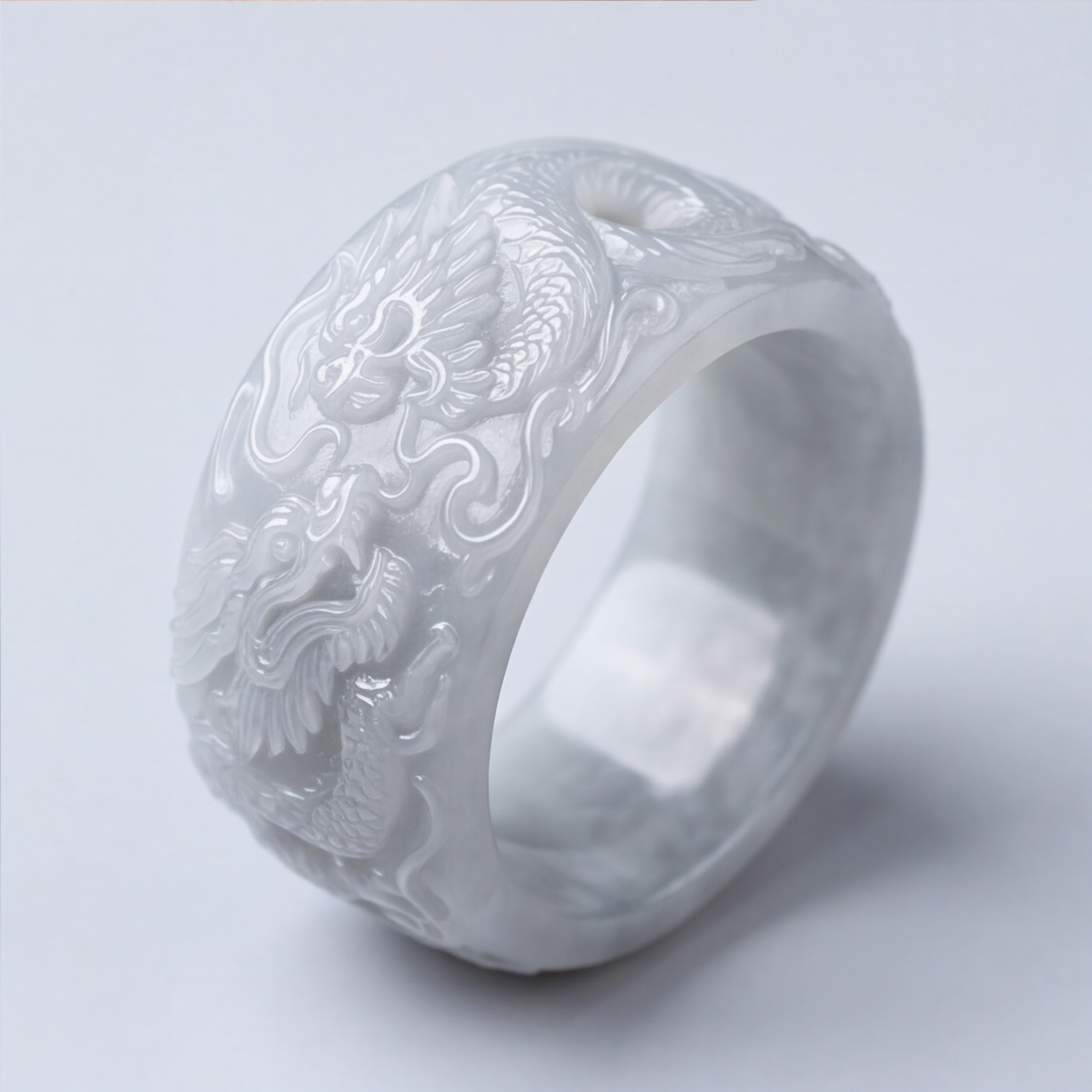 1786352654_b291a372-9 Carved Dragon Wide Band Ring in Pale Grey-White Jade - 图片 1