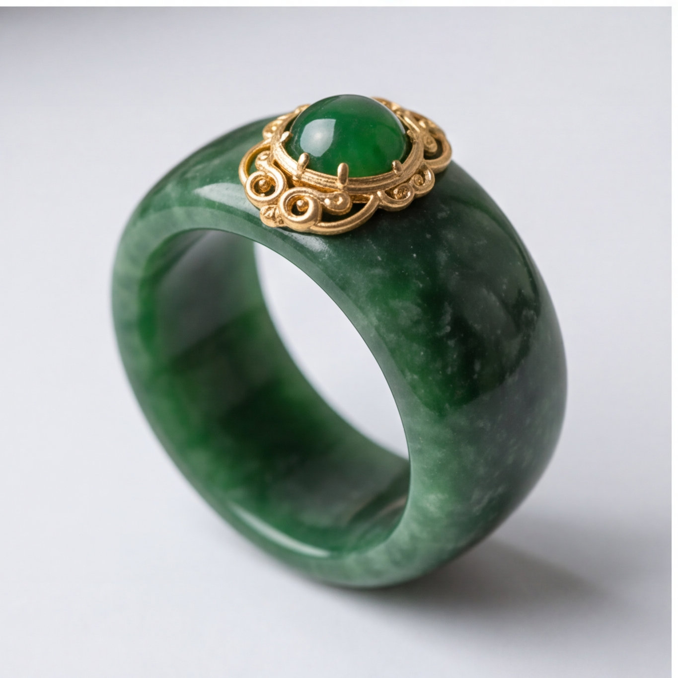 1786352696_fc3393b0-7 Deep Green Jade Band Ring with Gold Scrollwork Medallion - 图片 1