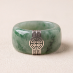 Green Jade Band Ring with Silver Longevity Medallion