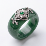 Deep Green Jade Band Ring with Silver Quatrefoil Medallion