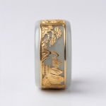 Pale Jade Wide Band Ring with Gold Landscape Relief Panel - 图片 3