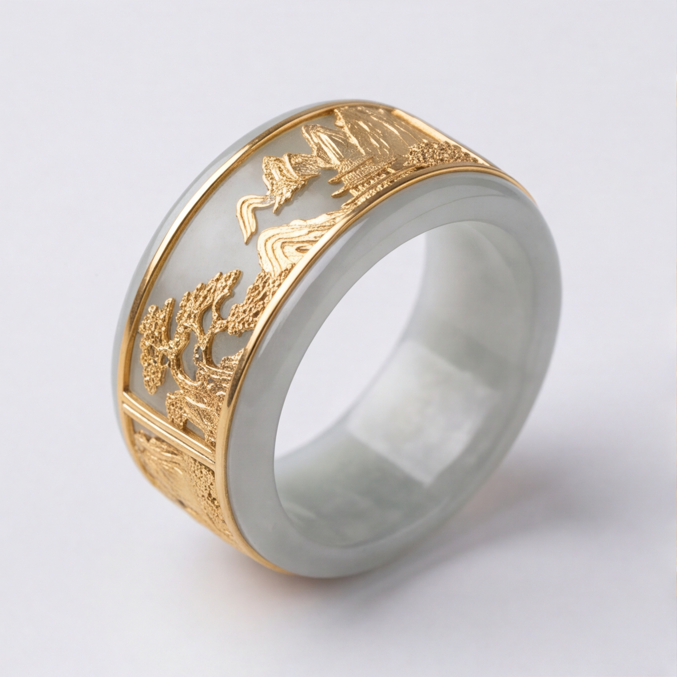 1786352768_393c9a2a-4 Pale Jade Wide Band Ring with Gold Landscape Relief Panel - 图片 1