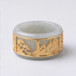 Pale Jade Wide Band Ring with Gold Landscape Relief Panel - 图片 7